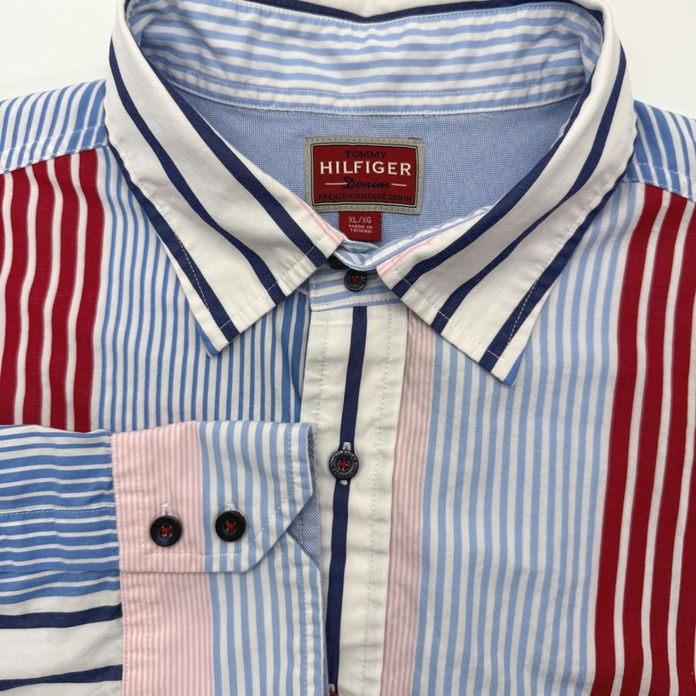 Tommy Hilfiger Button‎ Down Mens XL Multi Color Stripe Long Sleeve Americana
